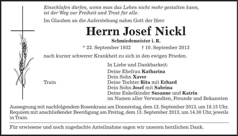 Traueranzeige Josef Nickl