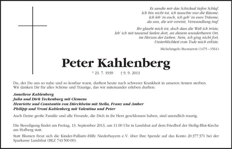 Traueranzeige Peter Kahlenberg