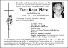 Traueranzeige Rosa Plötz