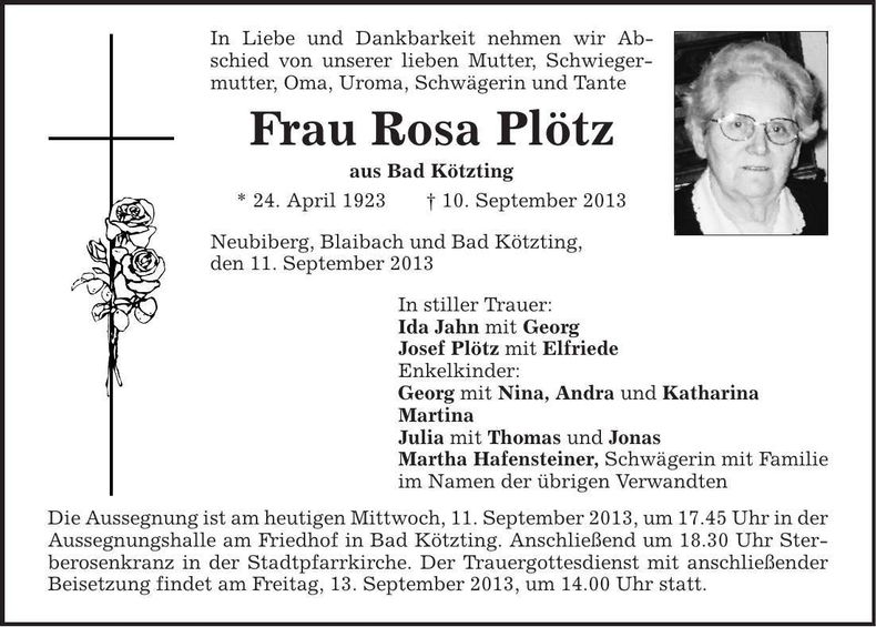 Traueranzeige Rosa Plötz
