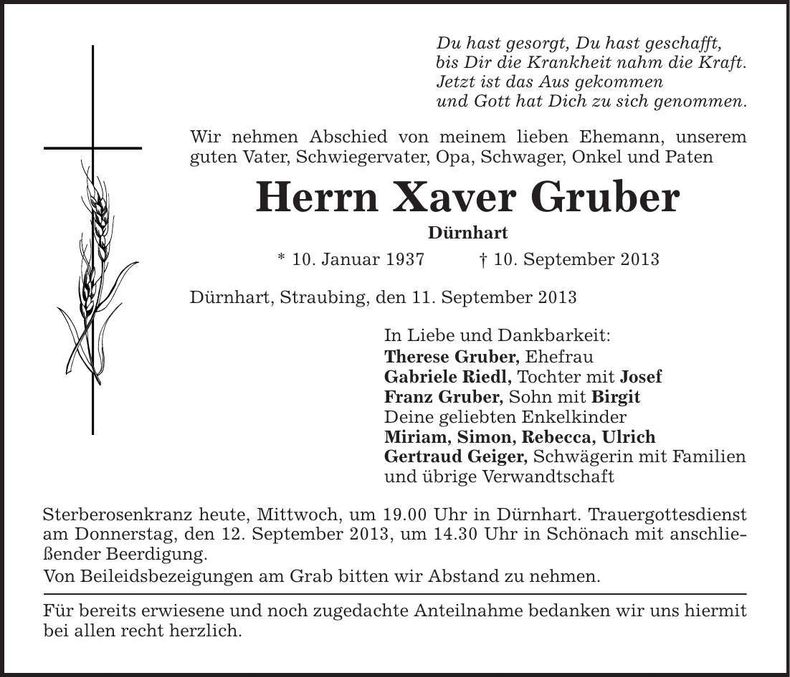 Traueranzeige Xaver Gruber