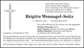 Traueranzeige Brigitte Wennagel-Seitz