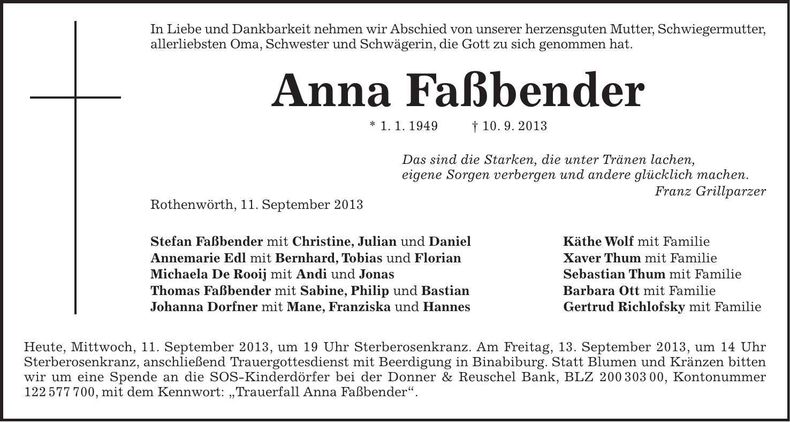 Traueranzeige Anna Faßbender
