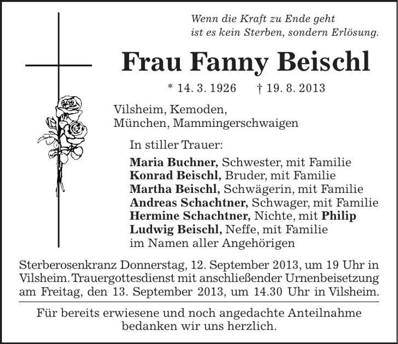 Traueranzeige Fanny Beischl