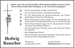 Traueranzeige Hedwig Rauscher