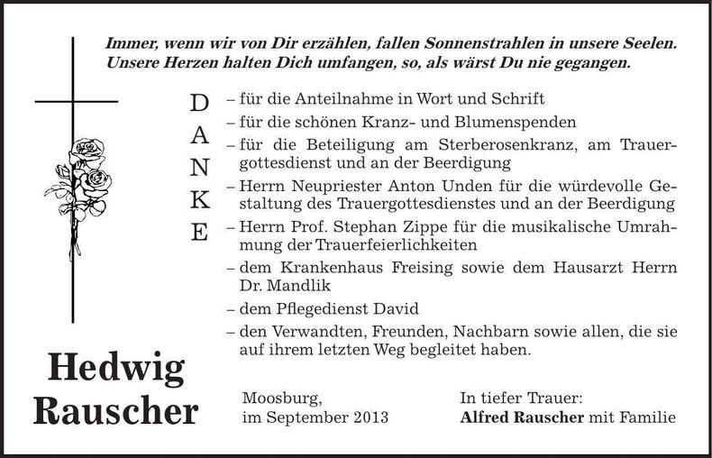 Traueranzeige Hedwig Rauscher