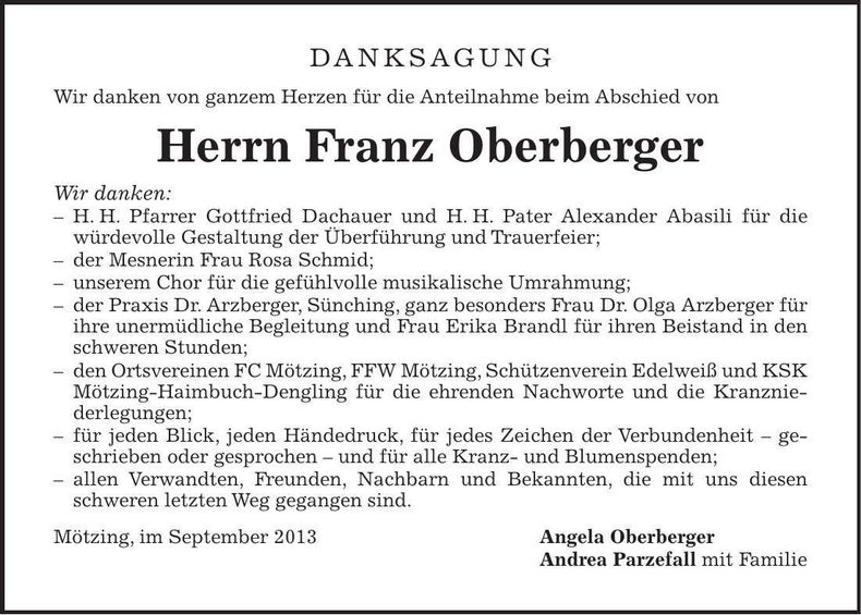 Traueranzeige Franz Oberberger