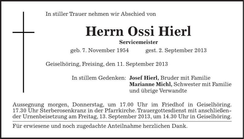 Traueranzeige Ossi Hierl