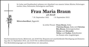 Traueranzeige Maria Braun