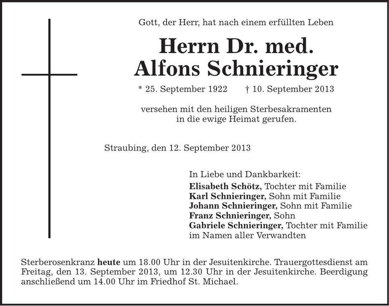 Traueranzeige Alfons Schnieringer