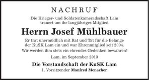 Traueranzeige Josef Mühlbauer