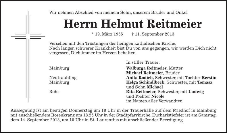 Traueranzeige Helmut Reitmeier
