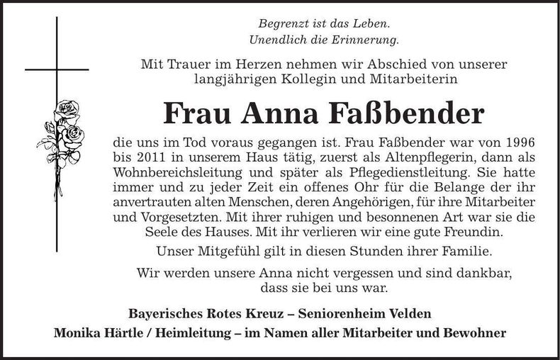 Traueranzeige Anna Faßbender