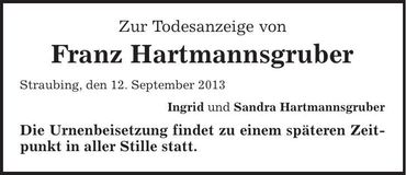 Traueranzeige Franz Hartmannsgruber