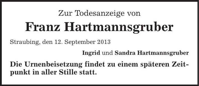 Traueranzeige Franz Hartmannsgruber