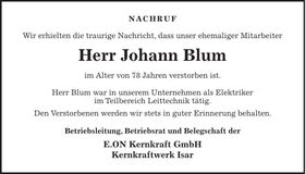 Traueranzeige Johann Blum
