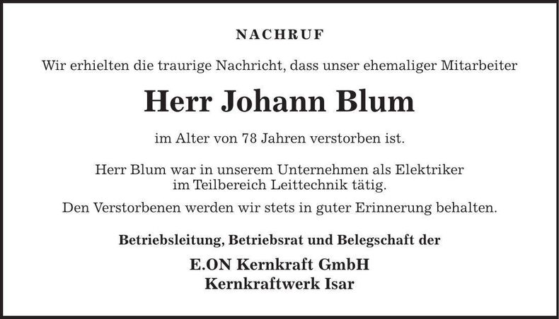 Traueranzeige Johann Blum