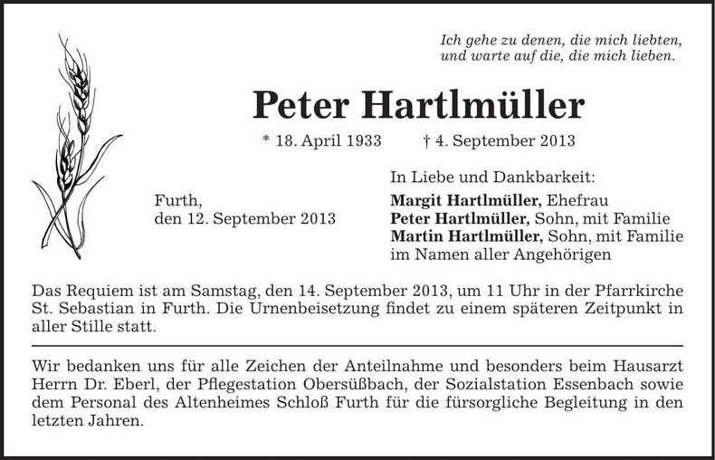 Traueranzeige Peter Hartlmüller