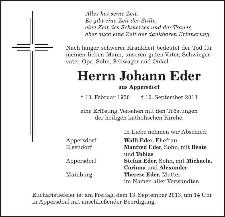 Traueranzeige Johann Eder