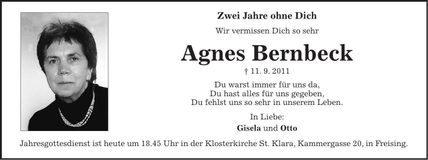 Traueranzeige Agnes Bernbeck