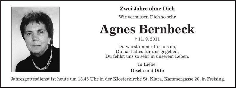 Traueranzeige Agnes Bernbeck