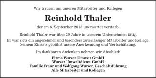 Traueranzeige Reinhold Thaler