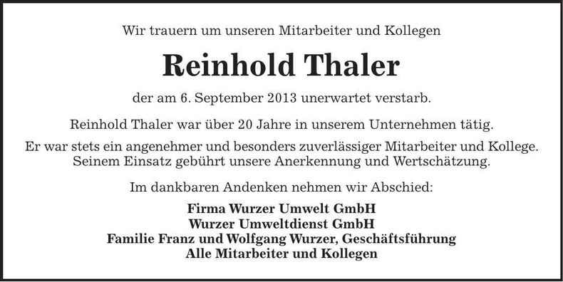 Traueranzeige Reinhold Thaler