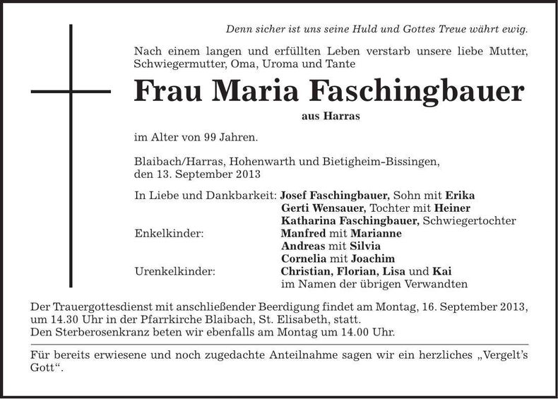 Traueranzeige Maria Faschingbauer