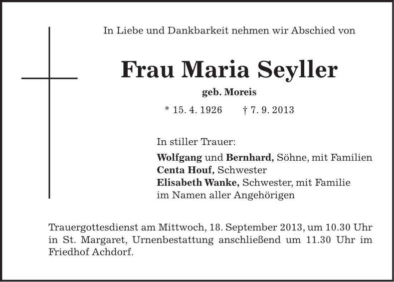 Traueranzeige Maria Seyller