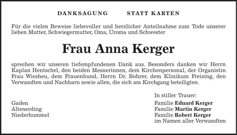 Traueranzeige Anna Kerger