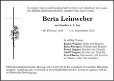 Traueranzeige Berta Leinweber