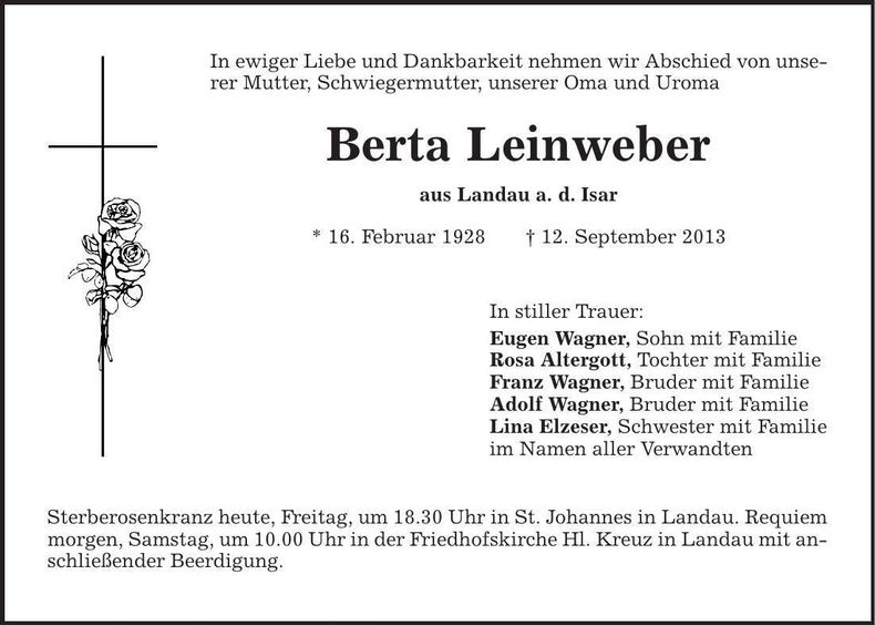 Traueranzeige Berta Leinweber