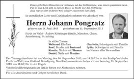 Traueranzeige Johann Pongratz