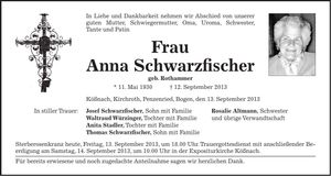 Traueranzeige Anna Schwarzfischer
