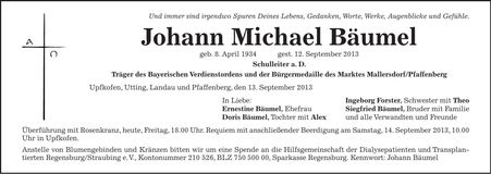 Traueranzeige Johann Michael Bäumel