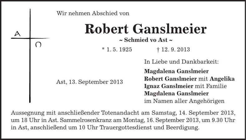 Traueranzeige Robert Ganslmeier