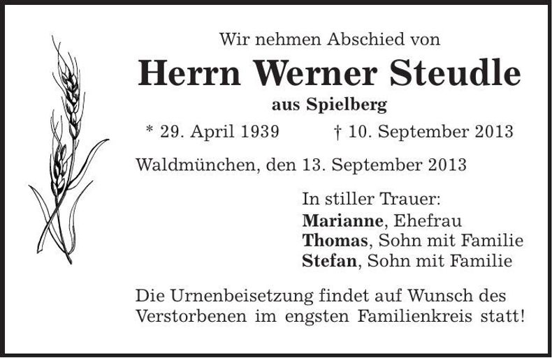 Traueranzeige Werner Steudle