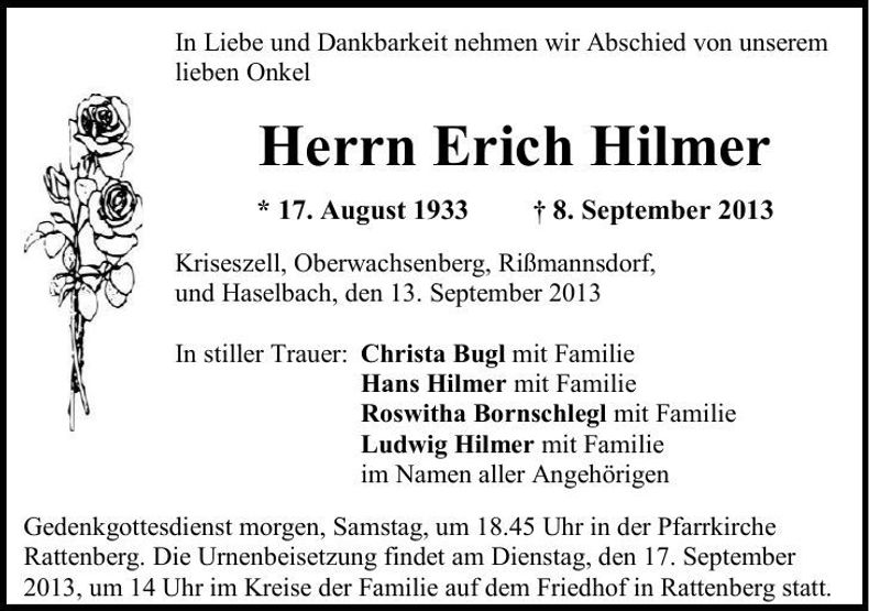 Traueranzeige Erich Hilmer