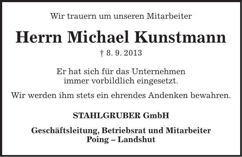Traueranzeige Michael Kunstmann