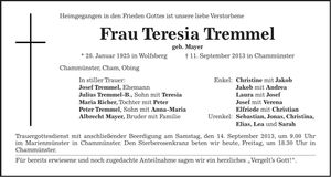 Traueranzeige Teresia Tremmel