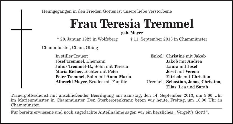 Traueranzeige Teresia Tremmel