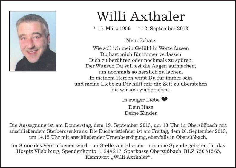 Traueranzeige Willi Axthaler