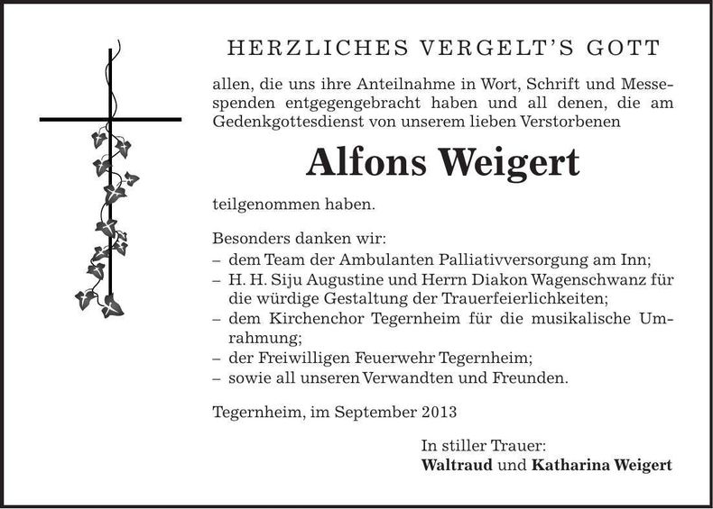 Traueranzeige Alfons Weigert