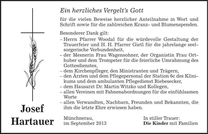 Traueranzeige Josef Hartauer