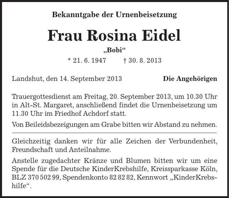Traueranzeige Rosina Eidel