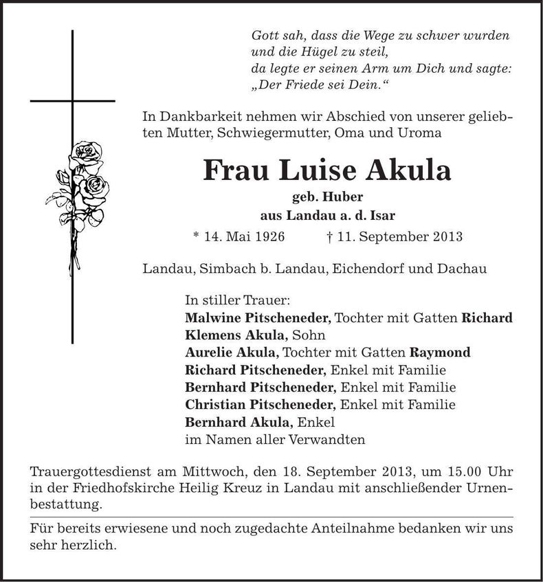 Traueranzeige Luise Akula
