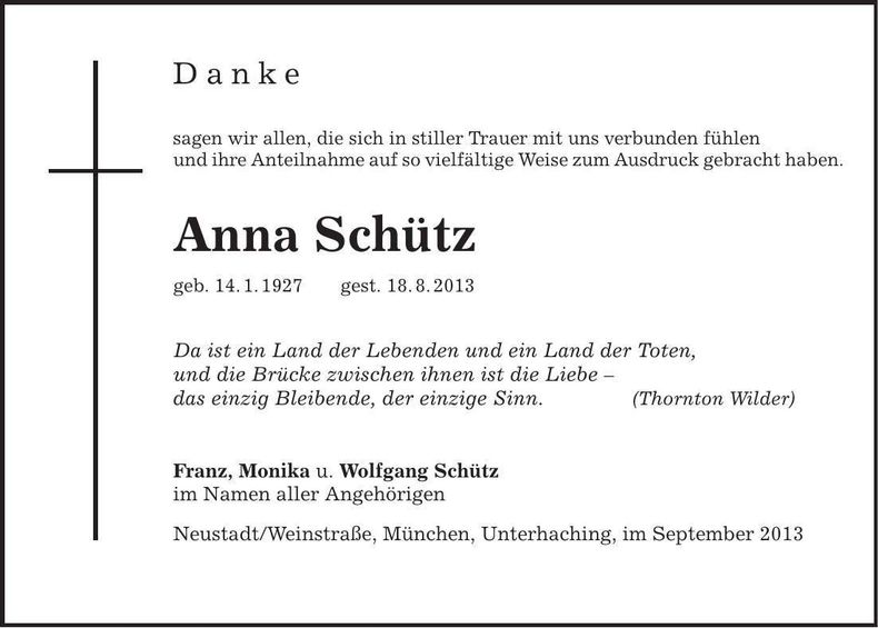 Traueranzeige Anna Schütz