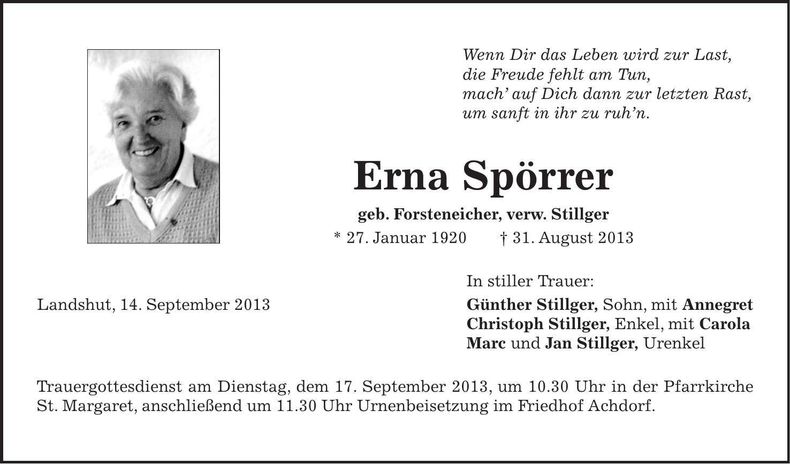 Traueranzeige Erna Spörrer