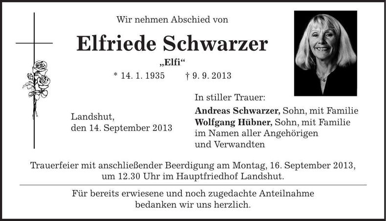 Traueranzeige Elfriede Schwarzer