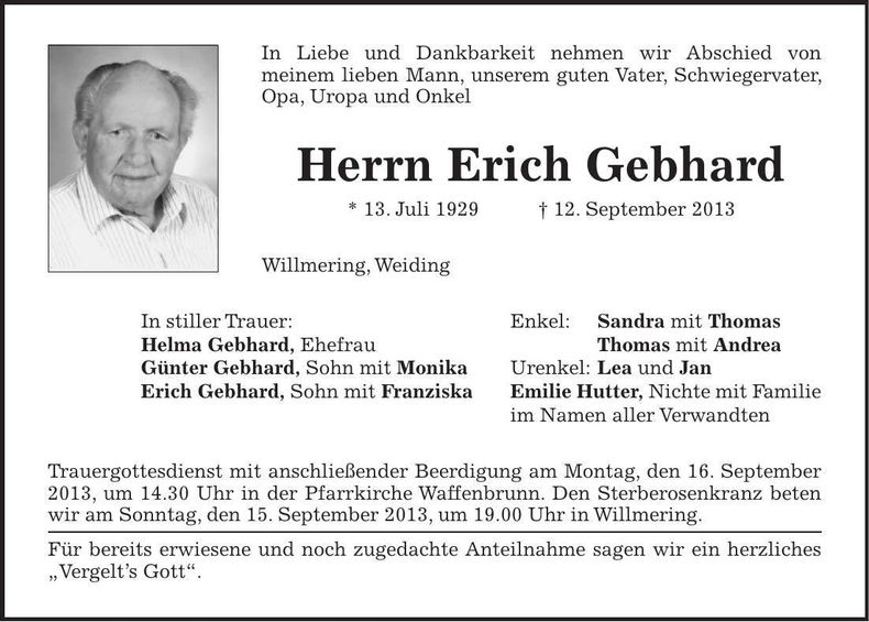 Traueranzeige Erich Gebhard